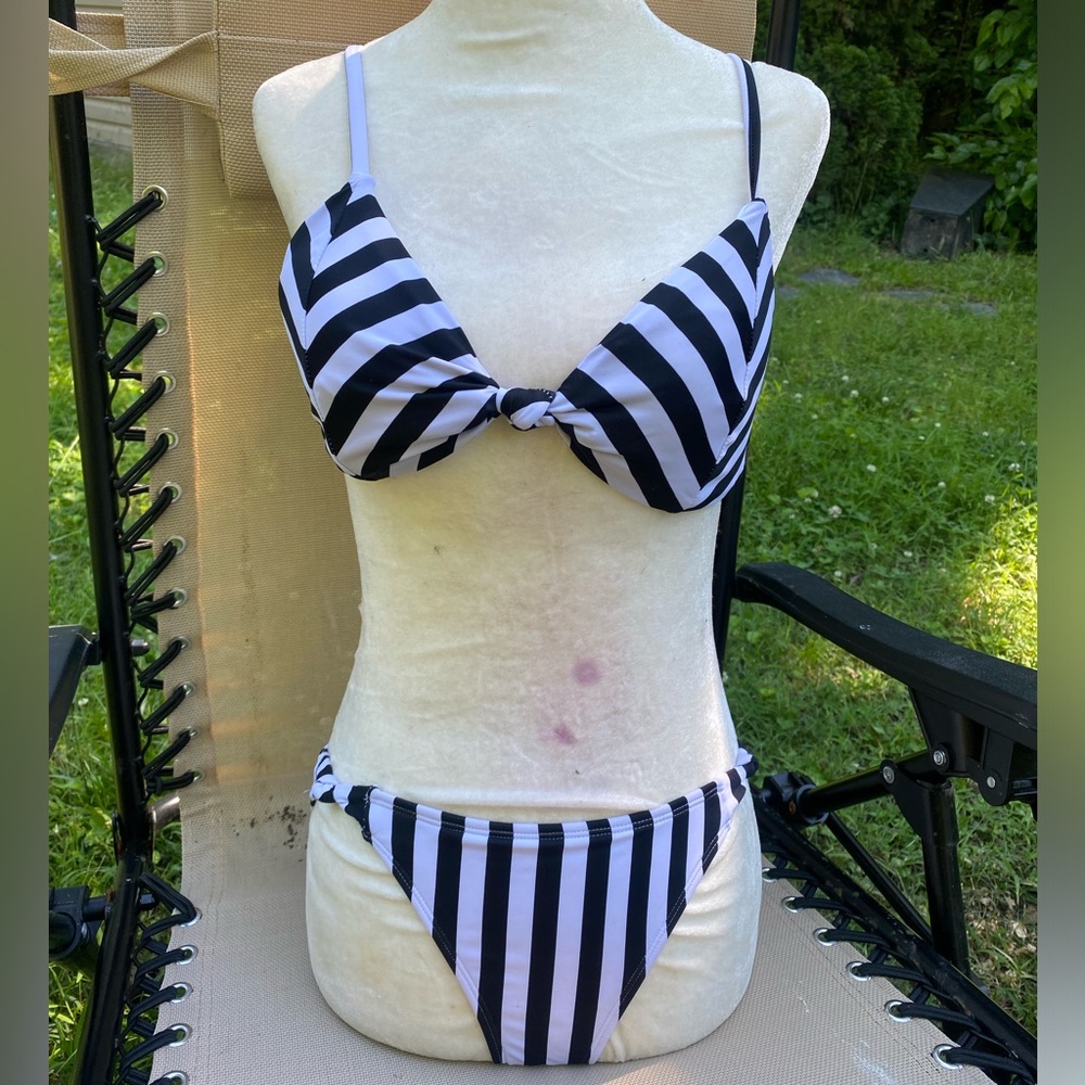 Black and White striped two piece